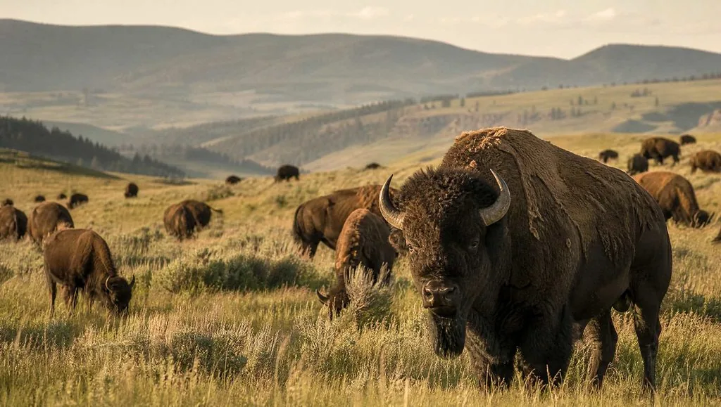 Bison herd in Hayden Valley at sunrise