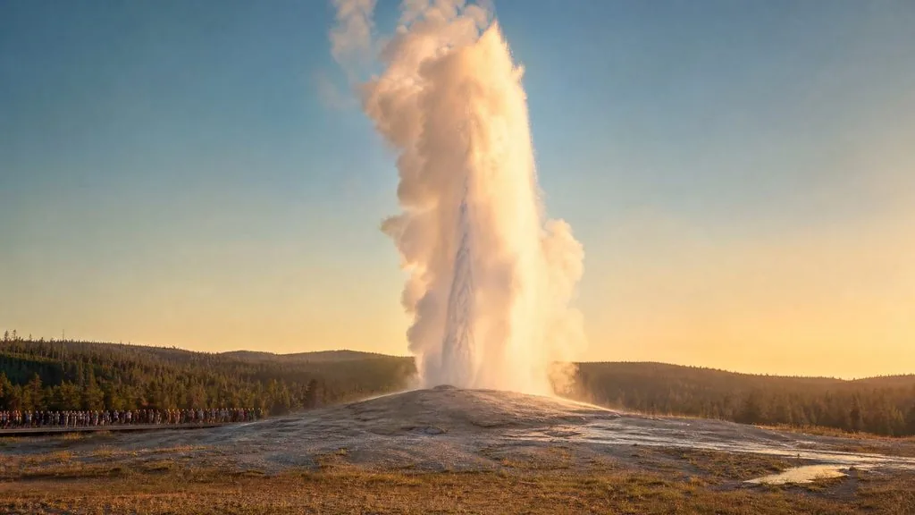 Old Faithful geyser eruption at dawn